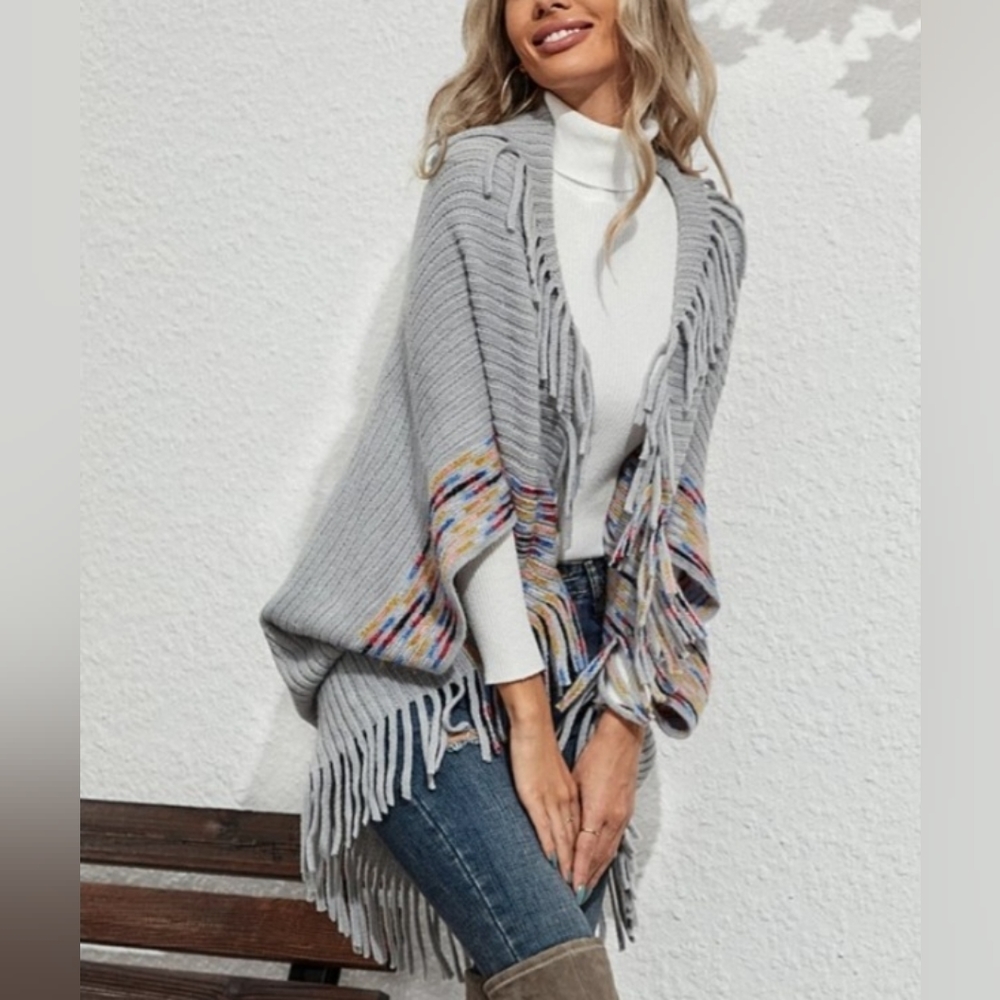 Gray Fringe-Accent Open Cardigan Fits Range Jrs (S) to Wom (6) NWT - Picture 3 of 6